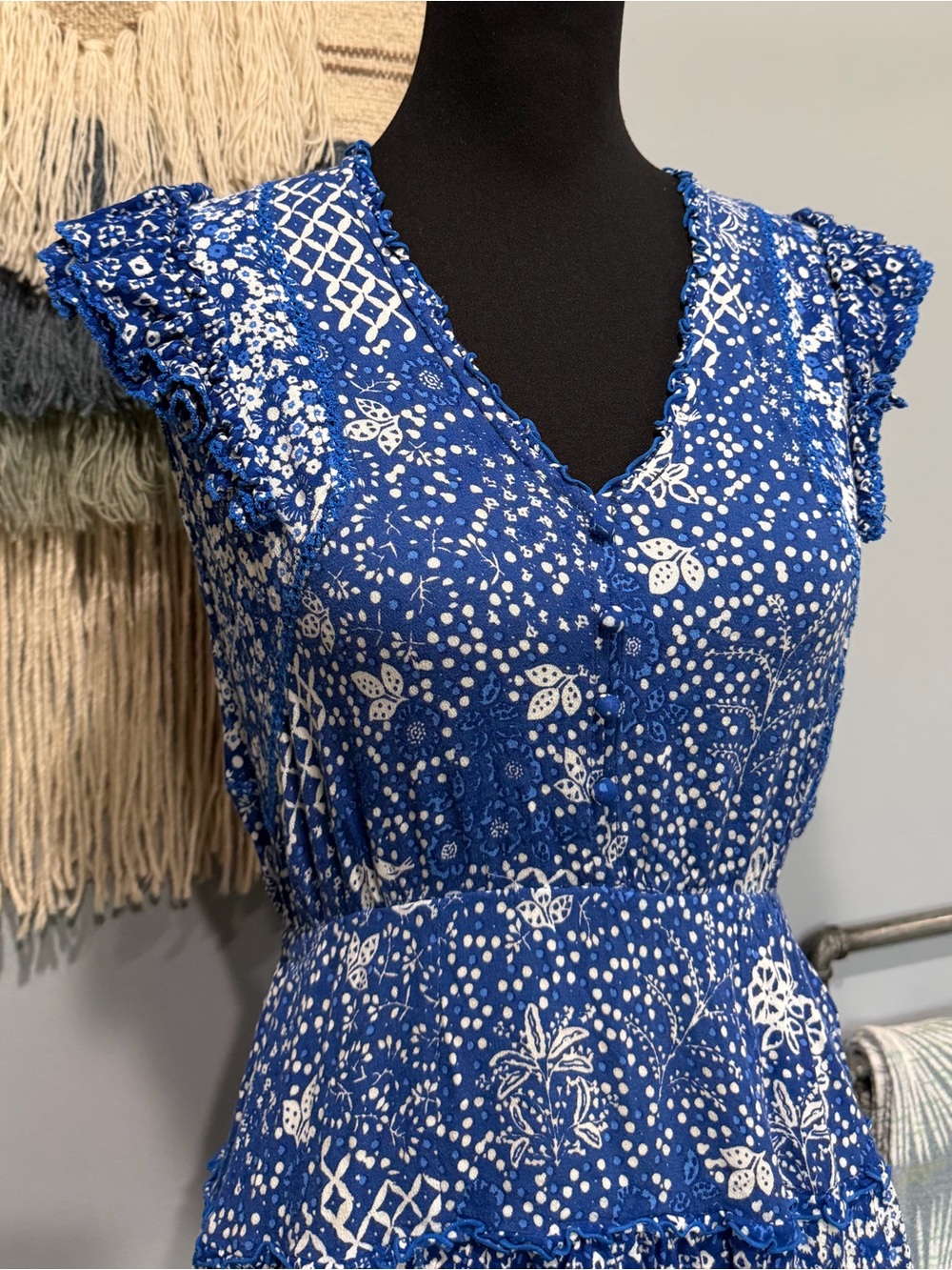 Poupette St. Barth Blue Floral Ruffle Mini Dress Cover-Up White Print XS Resort - Picture 2 of 6